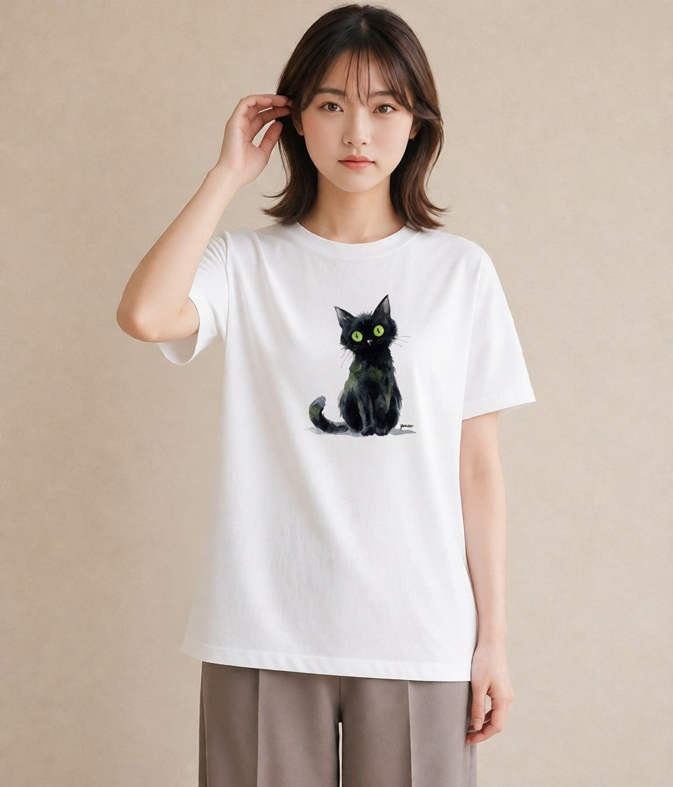 デザインTシャツ レディース 黒猫 猫 ねこ イラスト アート風 母娘コーデ 自分用 白T YMAZO