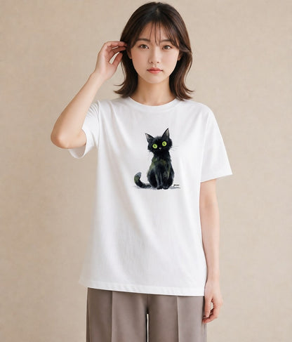 デザインTシャツ レディース 黒猫 猫 ねこ イラスト アート風 母娘コーデ 自分用 白T YMAZO
