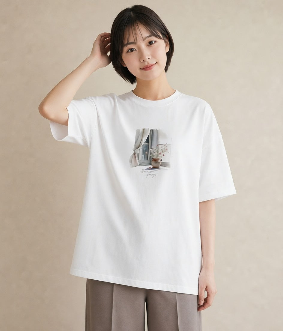 グラフィックTシャツ レディース 夕暮れ バルコニー 夕焼け ナチュラル アンティーク イラスト 韓国風 綿100 デート 白T YMAZO
