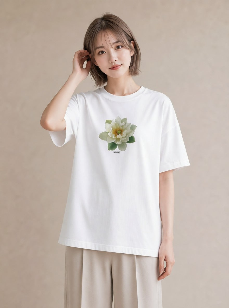 グラフィックTシャツ レディース 蓮 花 花柄 イラスト ゆるコーデ デート 帰省 白T YMAZO