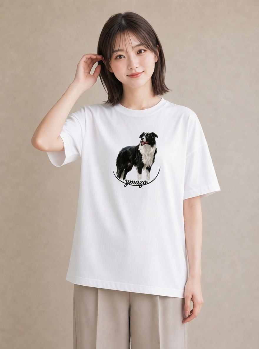 半袖Tシャツ レディース ボーダーコリー 犬 いぬ イラスト ナチュラル 休日 ペアコーデ 白T YMAZO
