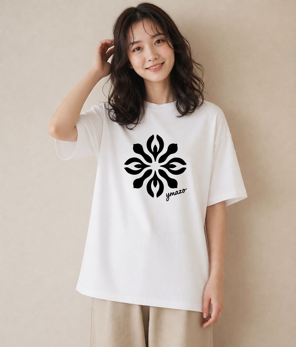 デザインTシャツ レディース 扇子 そよ風 ナチュラル アンティーク イラスト ポップ ビーチ デイリーウェア 白T YMAZO