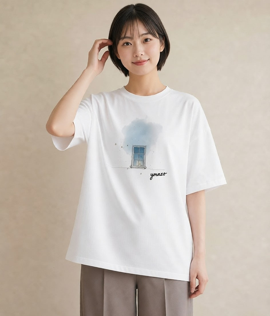 半袖Tシャツ レディース 遠い家と鳥 風景 鳥 ナチュラル アンティーク イラスト お出かけ 普段着 白T YMAZO
