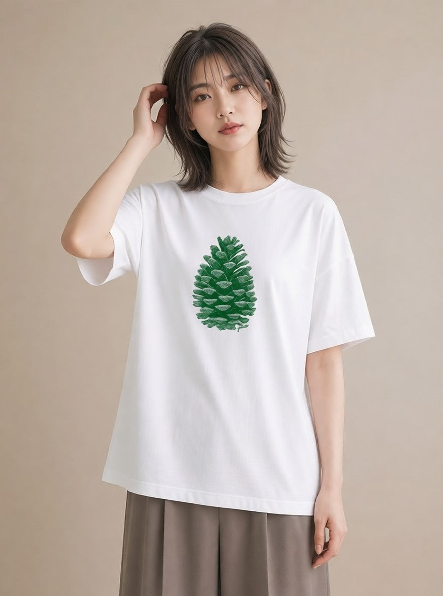 半袖Tシャツ レディース 松ぼっくり 植物 ボタニカル イラスト 抜け感 親子 20代 白T YMAZO