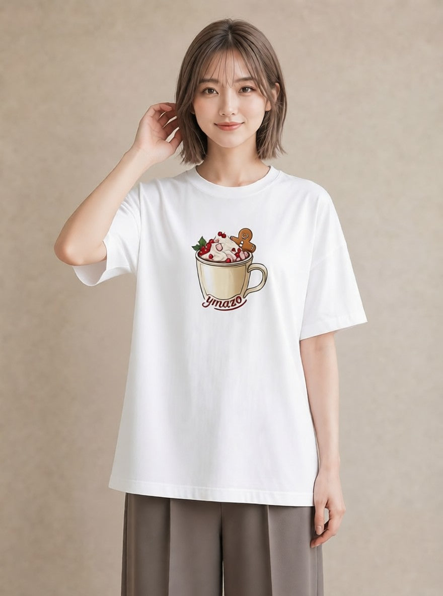 半袖Tシャツ レディース ココア 食べ物 フード イラスト レトロ 夏コーデ 通学 白T YMAZO