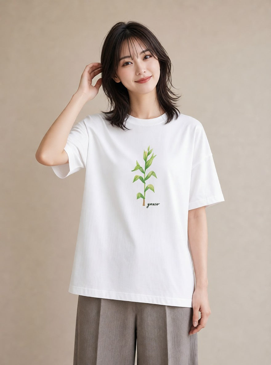 グラフィックTシャツ レディース 芝生 植物 ボタニカル イラスト ナチュラル ラフ レイヤード 白T YMAZO