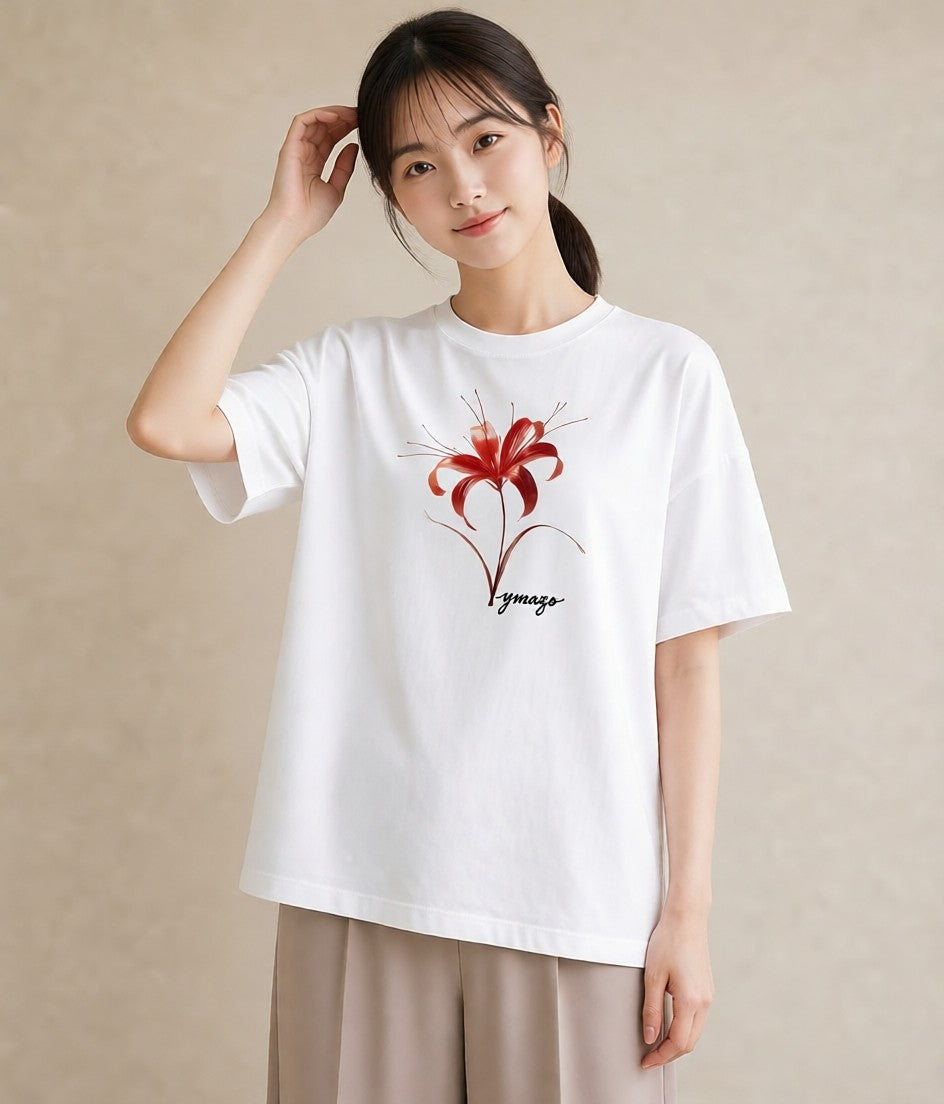 デザインTシャツ レディース 彼岸花 花 花柄 イラスト モード 敬老の日 ホワイトデー 白T YMAZO