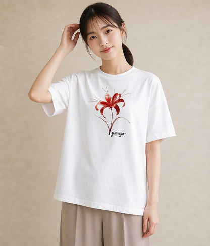 デザインTシャツ レディース 彼岸花 花 花柄 イラスト モード 敬老の日 ホワイトデー 白T YMAZO