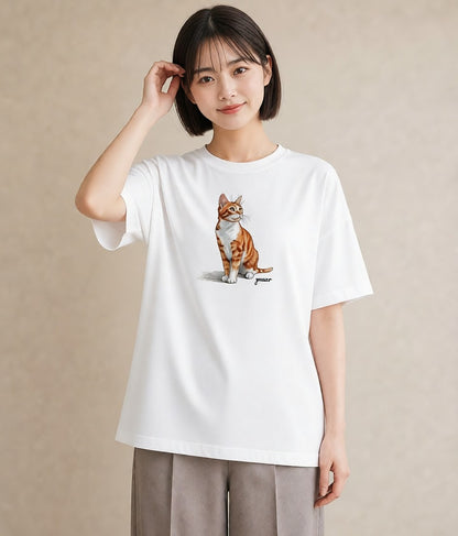 プリントTシャツ レディース おすわり猫 猫 ねこ イラスト モード 送別ギフト 通勤 白T YMAZO