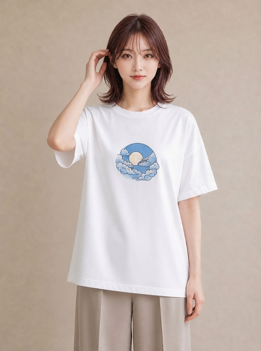 プリントTシャツ レディース 雲 星空 宇宙 イラスト 普段着 週末コーデ 白T YMAZO