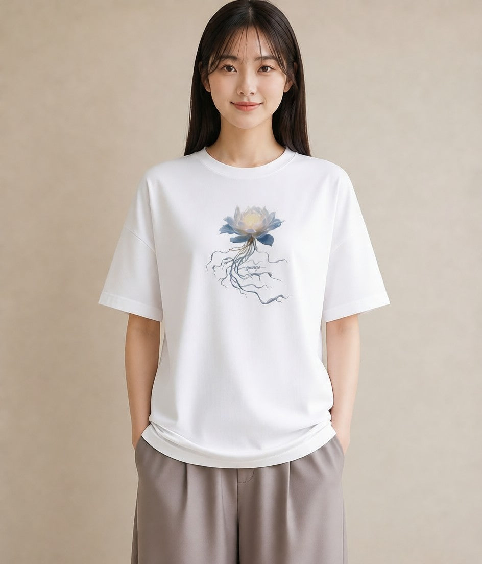デザインTシャツ レディース 蓮 花 花柄 イラスト ポップ 普段着 週末コーデ 白T