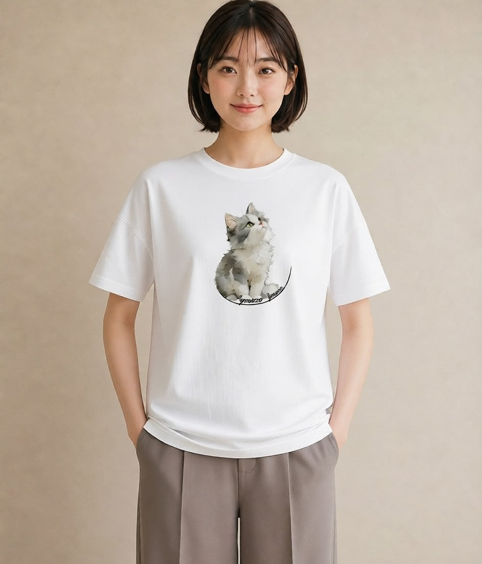 Tシャツ レディース 猫 ねこ イラスト ポップ 公園 ママ 白T YMAZO