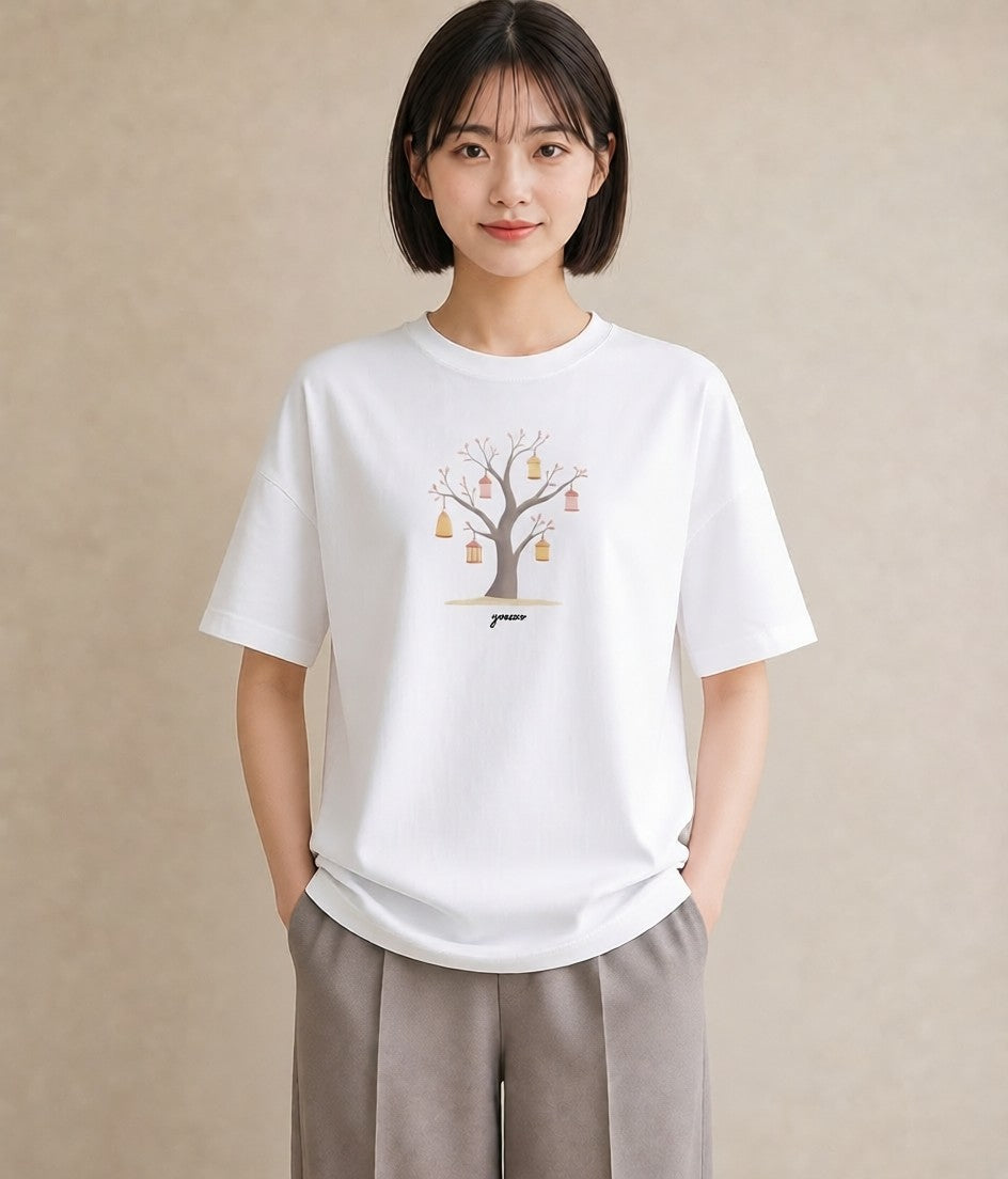 デザインTシャツ レディース 街灯 夜霧 夜 ナチュラル アンティーク イラスト 普段使い レイヤード 友達ギフト 白T YMAZO