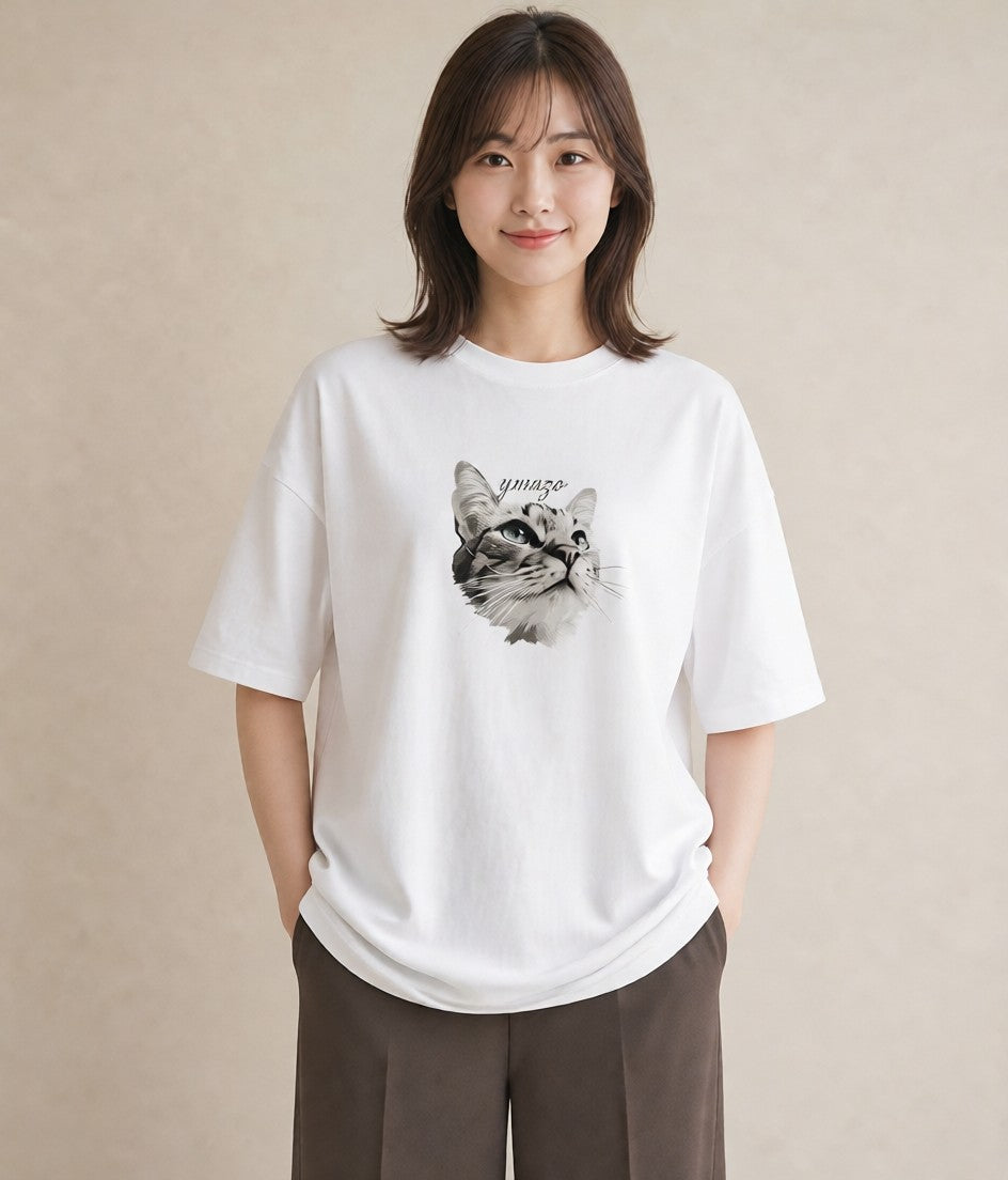 Tシャツ レディース 白猫 猫 ねこ イラスト 手描き風 デート 帰省 白T YMAZO