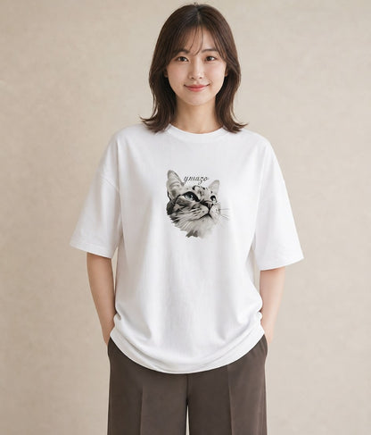 Tシャツ レディース 白猫 猫 ねこ イラスト 手描き風 デート 帰省 白T YMAZO