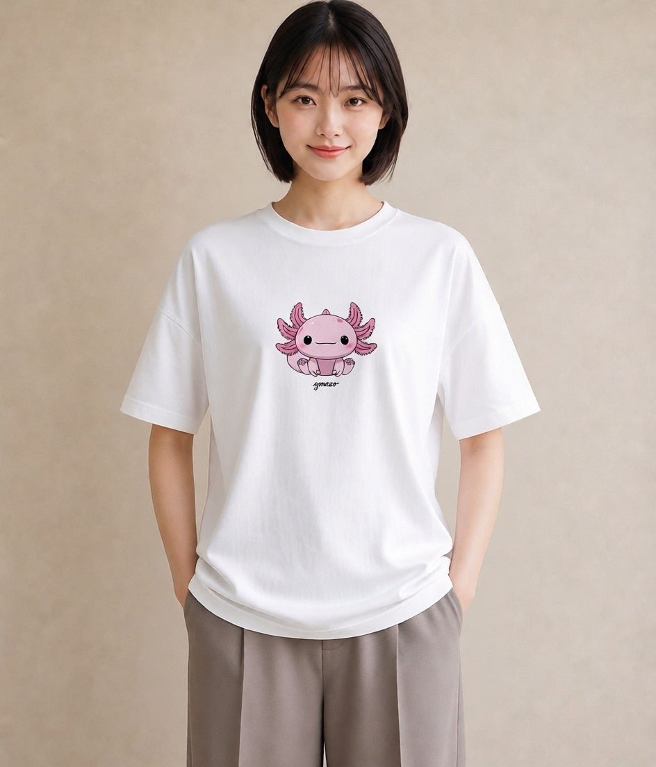 プリントTシャツ レディース ウーパールーパー ペット 動物 イラスト ヴィンテージ風 散歩 お出かけ 白T YMAZO