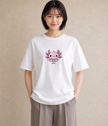 プリントTシャツ レディース ウーパールーパー ペット 動物 イラスト ヴィンテージ風 散歩 お出かけ 白T YMAZO