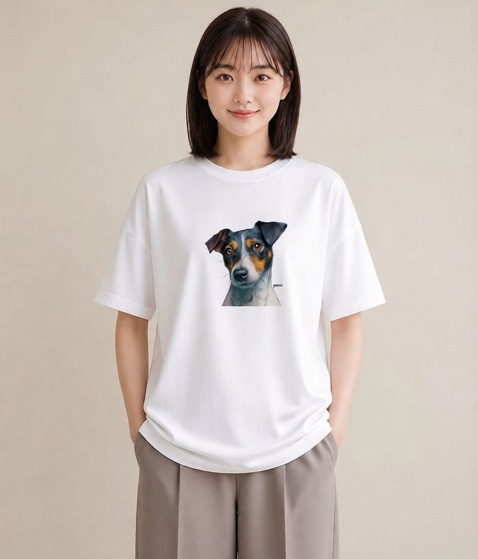 Tシャツ レディース ジャックラッセルテリア 犬 いぬ イラスト ニュアンス 綿100 デート 白T YMAZO