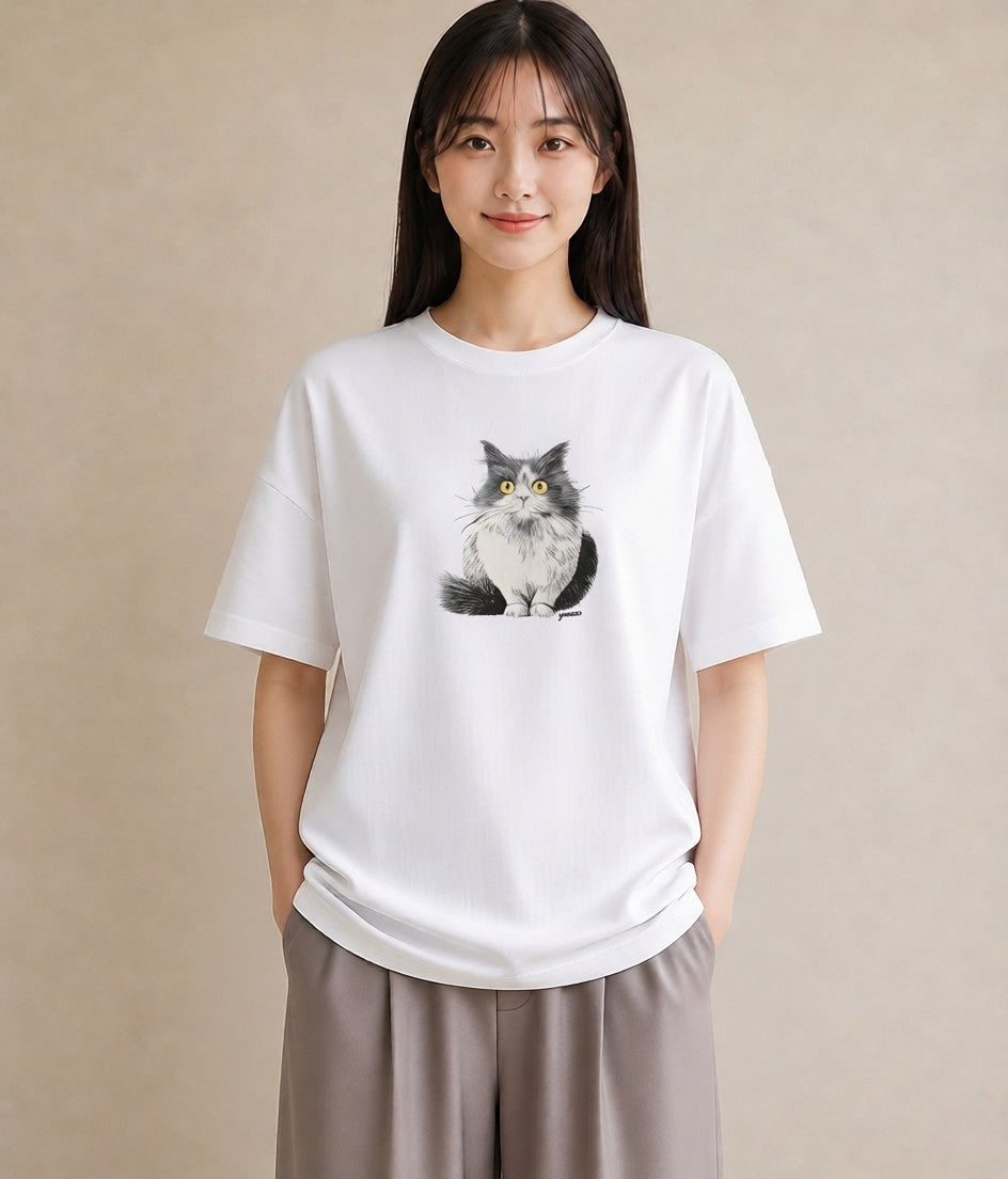 グラフィックTシャツ レディース ブリティッシュショートヘア 猫 ねこ イラスト アート風 秋コーデ おしゃれギフト 白T YMAZO