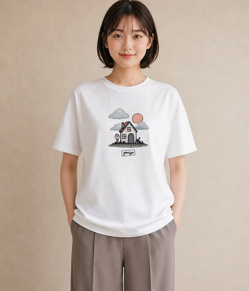 Tシャツ レディース 灯りの家 小屋 夜 ナチュラル アンティーク イラスト モード 部屋着 女性向けギフト 白T YMAZO