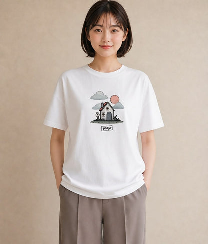Tシャツ レディース 灯りの家 小屋 夜 ナチュラル アンティーク イラスト モード 部屋着 女性向けギフト 白T YMAZO
