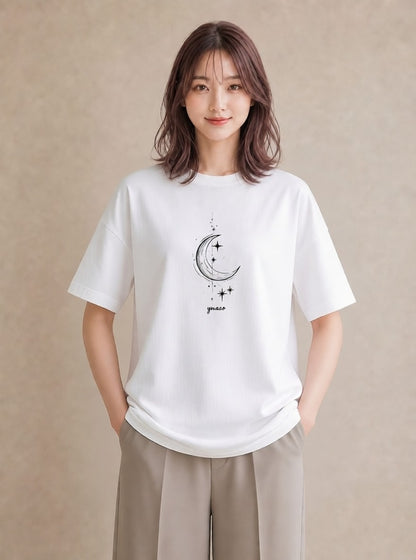 グラフィックTシャツ レディース 月と星 星空 ムーン イラスト きれいめカジュアル ホワイトデー 春服 白T YMAZO