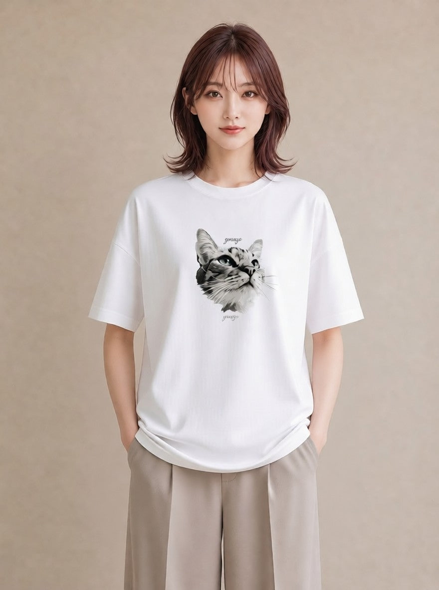 プリントTシャツ レディース 猫 ねこ イラスト ユニーク レイヤード 友達ギフト 白T YMAZO