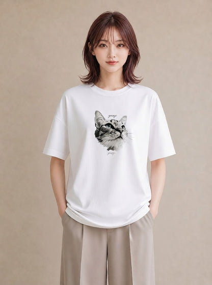 プリントTシャツ レディース 猫 ねこ イラスト ユニーク レイヤード 友達ギフト 白T YMAZO