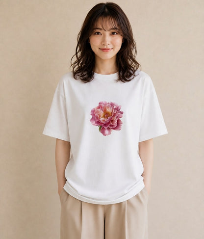 半袖Tシャツ レディース 牡丹 花 花柄 イラスト ゆるコーデ 敬老の日 ホワイトデー 白T YMAZO