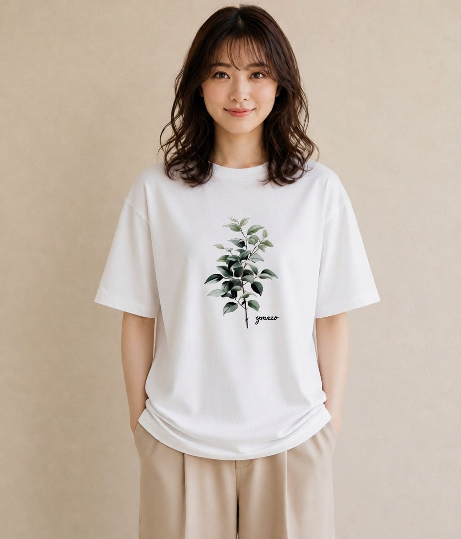 プリントTシャツ レディース ユーカリ 植物 ボタニカル イラスト 可愛い ペアコーデ 秋コーデ 白T YMAZO
