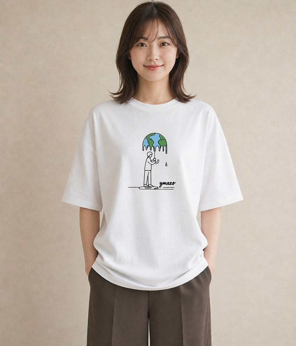 半袖Tシャツ レディース 窓辺の雨 雨の日 窓 ナチュラル アンティーク イラスト ポップ 在宅 公園 白T YMAZO
