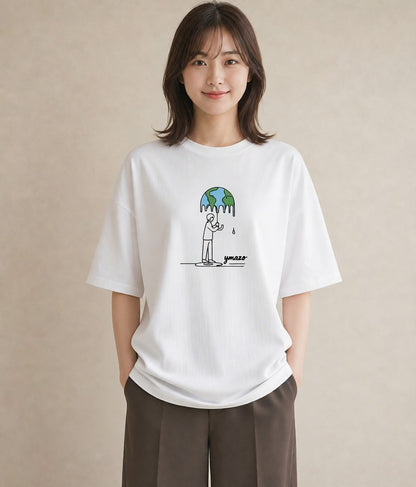 半袖Tシャツ レディース 窓辺の雨 雨の日 窓 ナチュラル アンティーク イラスト ポップ 在宅 公園 白T YMAZO