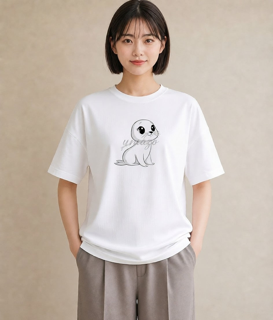 プリントTシャツ レディース ゴマフアザラシ 動物 アニマル イラスト アート風 お揃い 親子 白T YMAZO