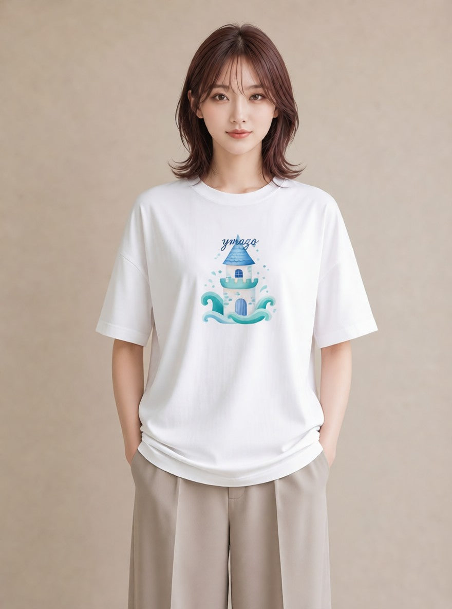 半袖Tシャツ レディース 海 星空 宇宙 イラスト 線画 通勤 在宅 白T YMAZO