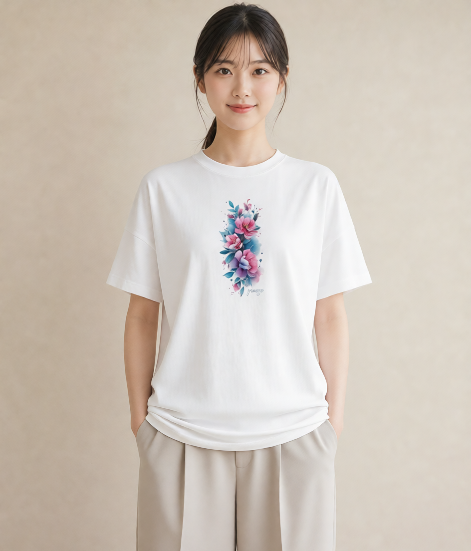 グラフィックTシャツ レディース 椿 花 花柄 イラスト アート風 女性 旅行用 白T