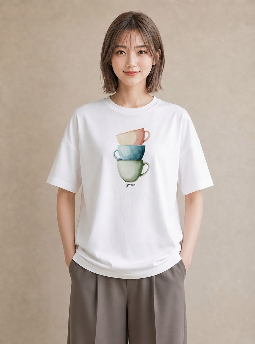 Tシャツ レディース カフェラテ 食べ物 フード イラスト ニュアンス 友達ギフト 部屋着 白T YMAZO