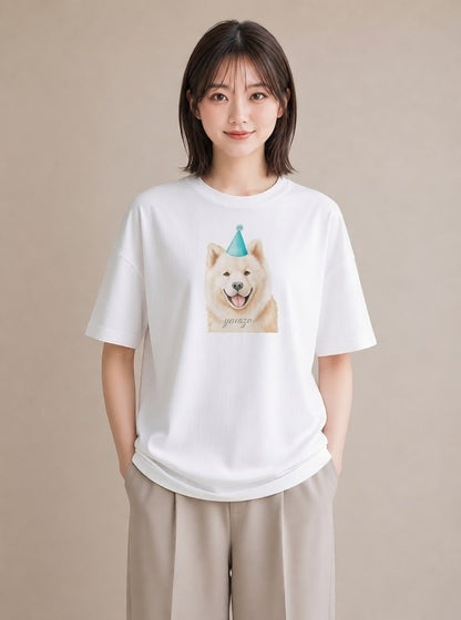 半袖Tシャツ レディース サモエド 犬 いぬ イラスト 可愛い 母の日 ビーチ 白T YMAZO