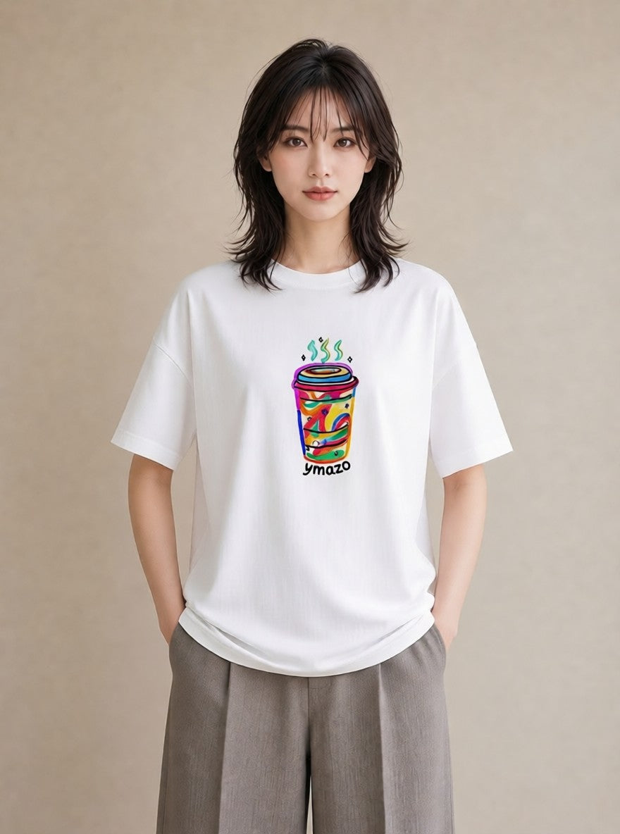 デザインTシャツ レディース カフェオレ 食べ物 フード イラスト カフェコーデ 週末コーデ 敬老の日 白T YMAZO