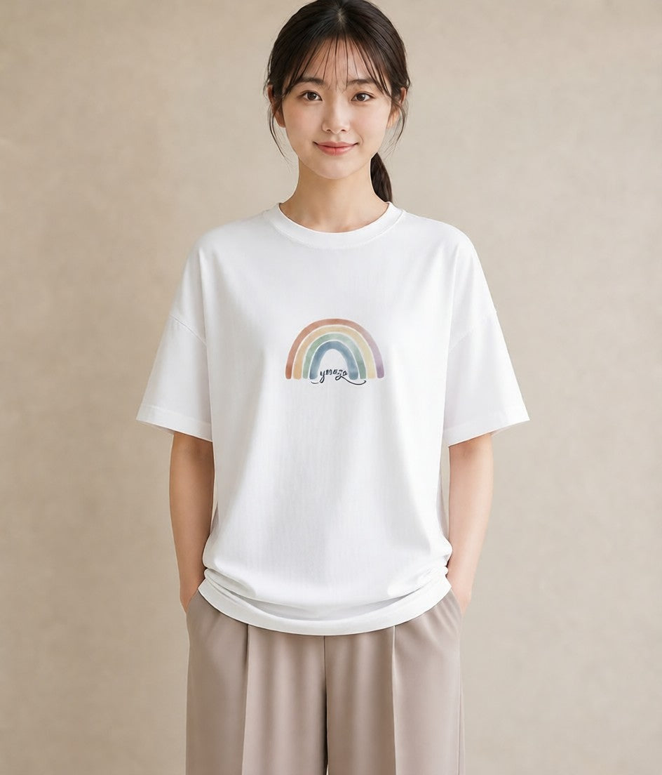 半袖Tシャツ レディース 虹 星空 宇宙 イラスト ミニマル 夏コーデ 通学 白T YMAZO