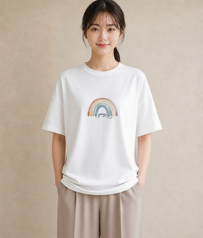 半袖Tシャツ レディース 虹 星空 宇宙 イラスト ミニマル 夏コーデ 通学 白T YMAZO