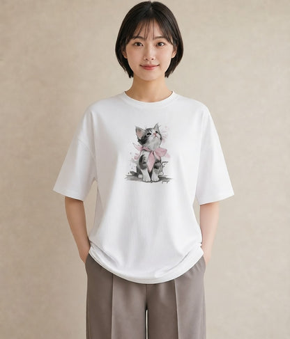 グラフィックTシャツ レディース サバトラ 猫 ねこ イラスト アート風 帰省 ラフ 白T YMAZO
