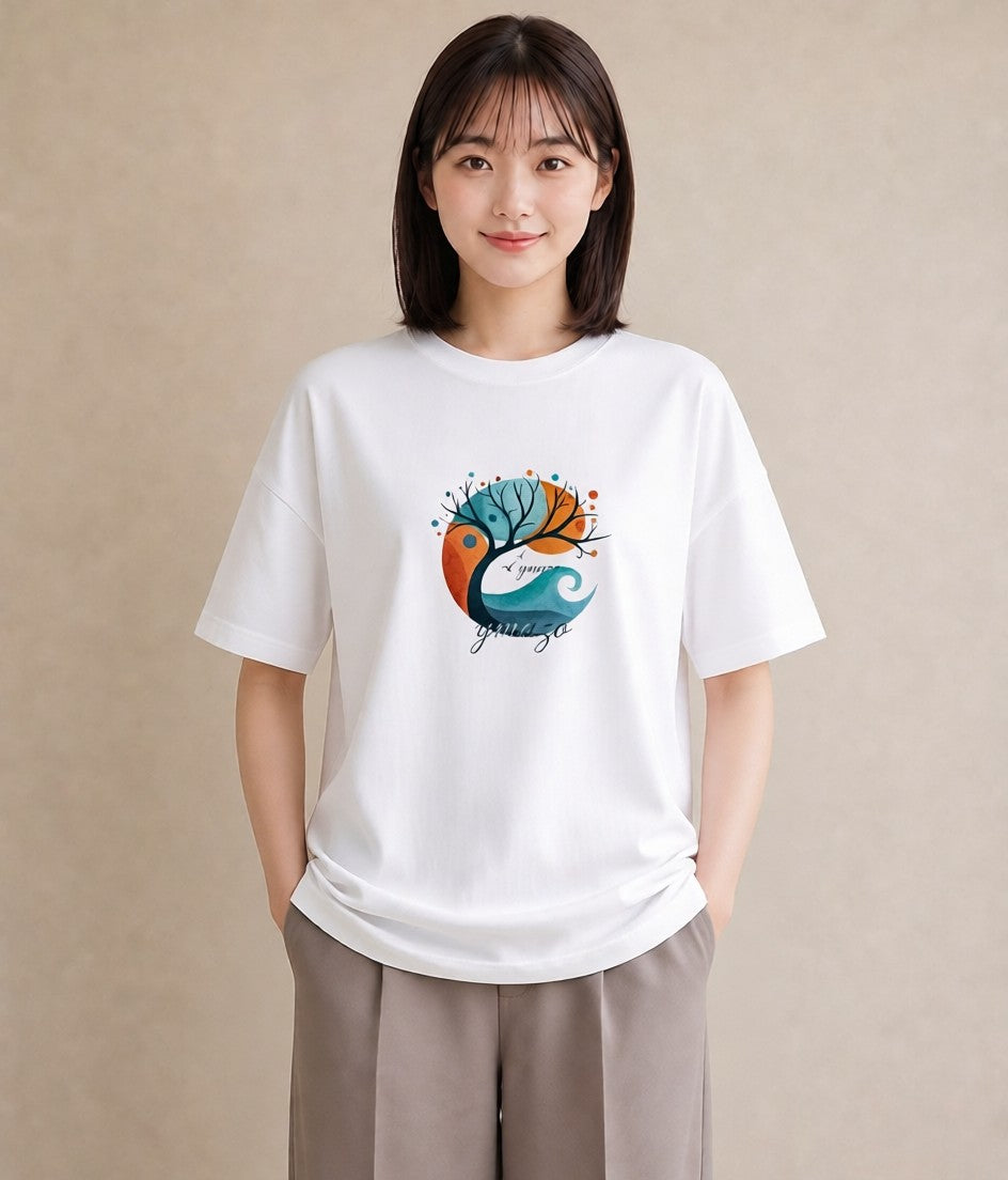 プリントTシャツ レディース 青の水彩 風景 ブルー ナチュラル アンティーク イラスト 線画 姉妹 送別ギフト 白T YMAZO