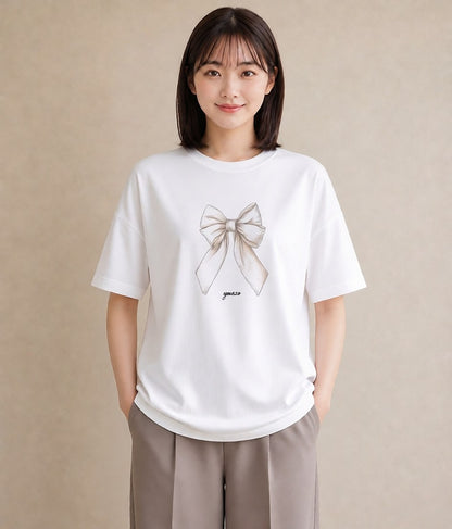 半袖Tシャツ レディース リボン ボウ りぼん イラスト ラフカジュアル 春コーデ 姉妹 白T YMAZO