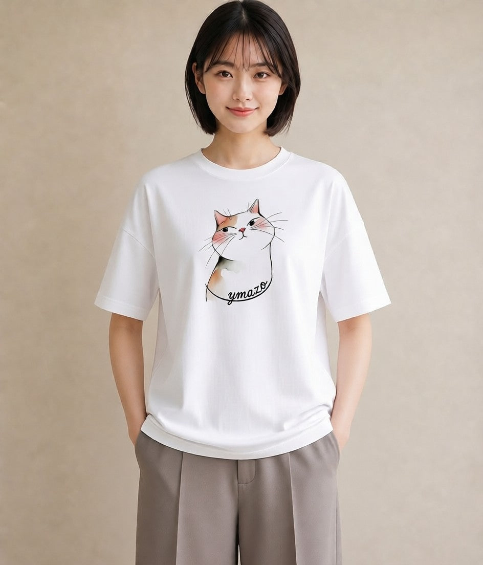 プリントTシャツ レディース 白猫 猫 ねこ イラスト ゆるコーデ 海 カフェ巡り 白T YMAZO