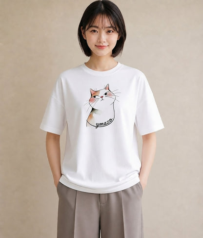 プリントTシャツ レディース 白猫 猫 ねこ イラスト ゆるコーデ 海 カフェ巡り 白T YMAZO