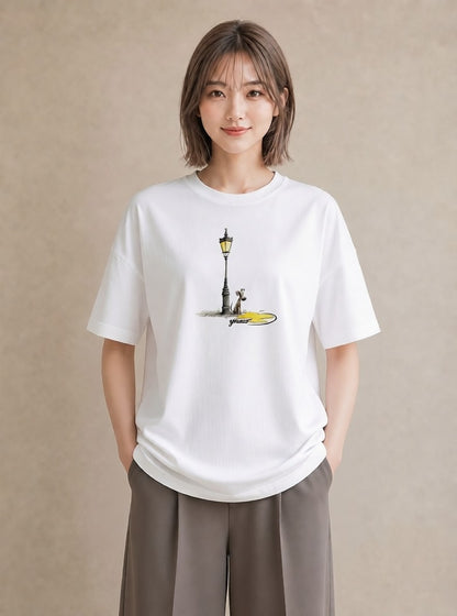 Tシャツ レディース 街灯 夜霧 夜 ナチュラル アンティーク イラスト レイヤード 友達ギフト 白T YMAZO