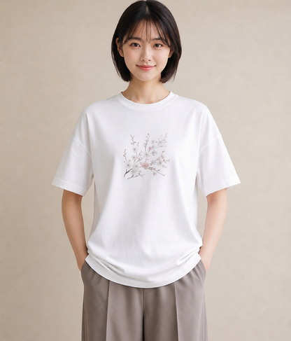 半袖Tシャツ レディース 梅 花 花柄 イラスト 普段着 週末コーデ 白T