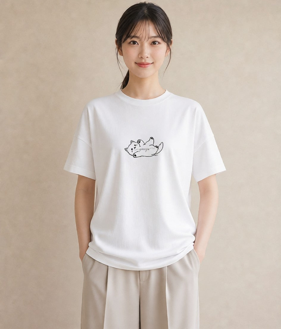 プリントTシャツ レディース 猫 ねこ ネコ イラスト ゆるコーデ 普段着 週末コーデ 白T YMAZO