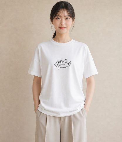 プリントTシャツ レディース 猫 ねこ ネコ イラスト ゆるコーデ 普段着 週末コーデ 白T YMAZO