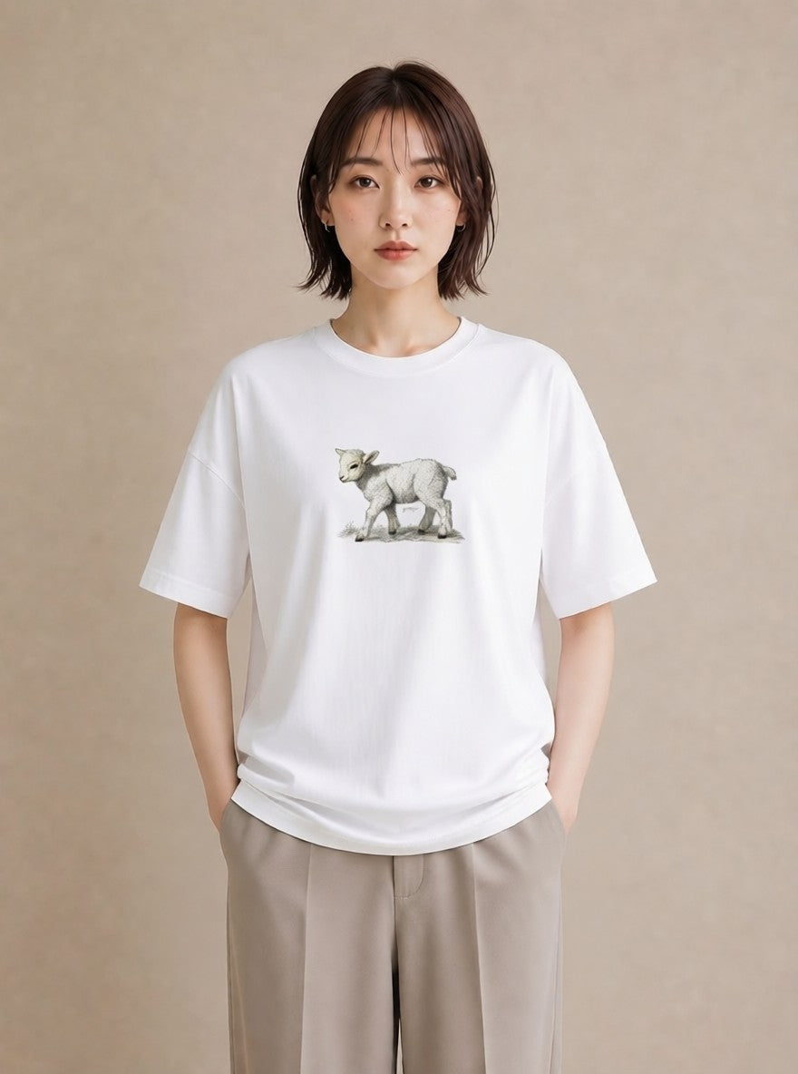 半袖Tシャツ レディース ひつじ 動物 アニマル イラスト 抜け感 綿100 デート 白T YMAZO